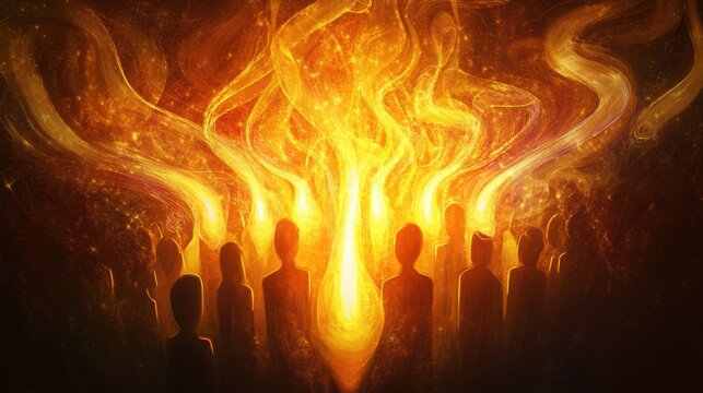 A glowing digital art depiction of Pentecost with fire descending upon a unified group, symbolizing divine inspiration and faith.