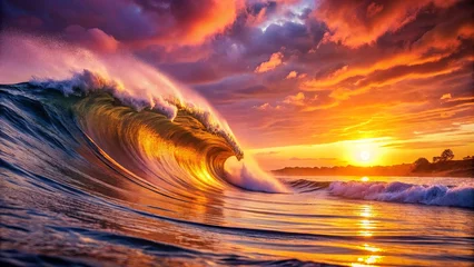 Acrylglasbilder Sonnenuntergang A Majestic Wave Rolls In Under a Fiery Sunset, Painting the Ocean in Hues of Gold and Crimson.  © Angel Pic