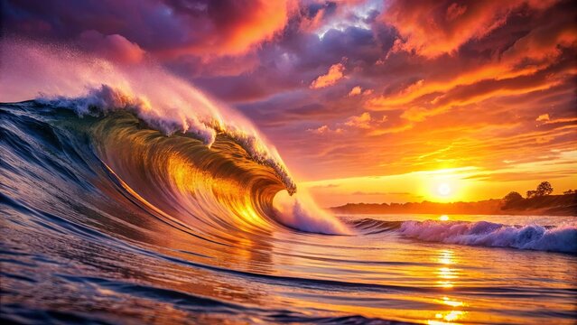 A Majestic Wave Rolls In Under a Fiery Sunset, Painting the Ocean in Hues of Gold and Crimson.
