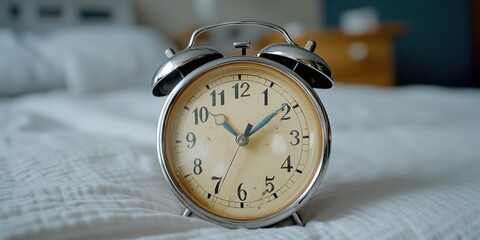 A classic alarm clock rests on rumpled white sheets in a softly lit bedroom, marking the gentle transition from sleep to dawn.