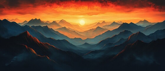 Layers of mountain ridges under fiery skies, portraying the strength and perspective found in conquering challenges and witnessing success from great heights
