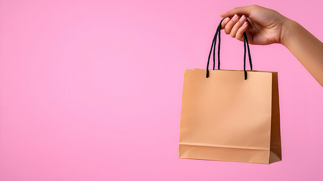 A hand holds a brown paper shopping bag against a soft pink background, highlighting retail and consumerism themes.