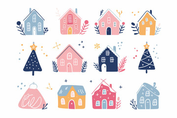 Cute pastel-colored Christmas houses for advent calendar