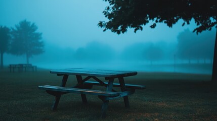 Obraz premium A solitary wooden table set against an evening foggy park backdrop, the soft mist creating a tranquil and mysterious atmosphere