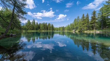 High-end photography of a tranquil lake surrounded by pine trees, with a clear blue sky and calm water