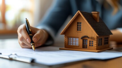 Fototapeta premium A Person Signing a Document with a Wooden House Model Nearby