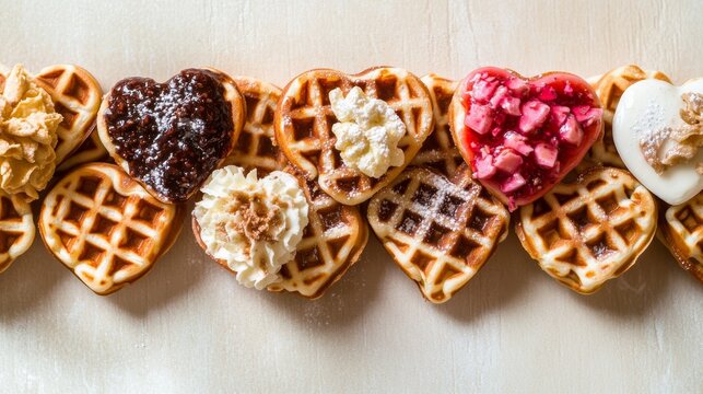 A narrow view of a row of mini heart shaped waffles with various toppings