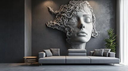 Serpentine woman 3D wall art in modern living room.