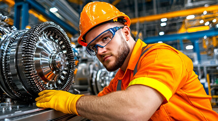 A worker in an orange uniform and hard hat inspects machinery in an industrial setting, emphasizing safety and precision.