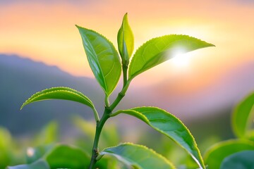 Obraz premium In the tea garden, green and lush leaves fill your eyes with vibrant colors. The sun sets behind the distant mountains, casting warm hues across the landscape. In front of you is an endless sea of tea