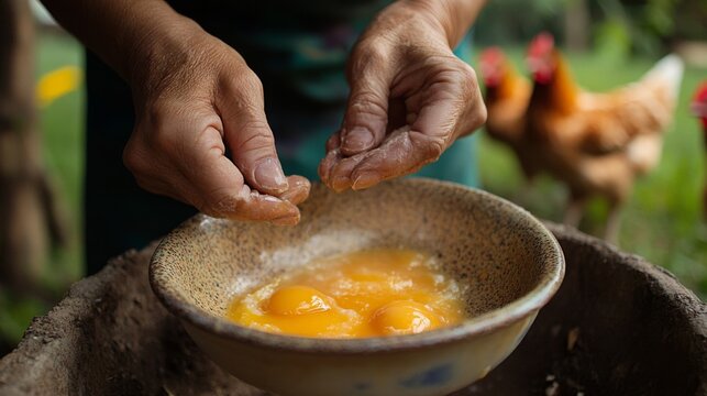 Hands Cracking Eggs into a Bowl with Chickens in Background