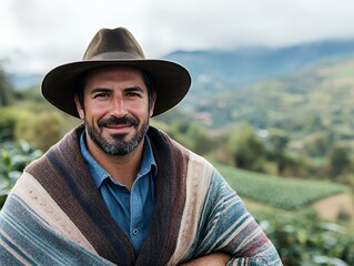 Man in traditional Colombian poncho and hat standing in a field