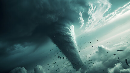 Fototapeta premium A massive tornado surrounded by swirling clouds as seen from the wing of a commercial plane.