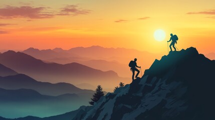 Mountain success through nature is beauty, climbers persevering through rugged terrain, breathtaking landscapes of wild nature guiding each step toward the summit of achievement