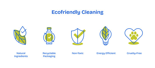Ecofriendly cleaning icons depict natural ingredients, recyclable packaging, and non-toxic elements, transparent background.