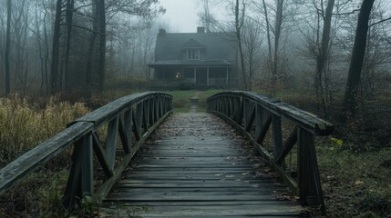 Obraz premium A wooden bridge leads to a shadowy house shrouded in fog, creating a scene filled with mystery and intrigue in the forest