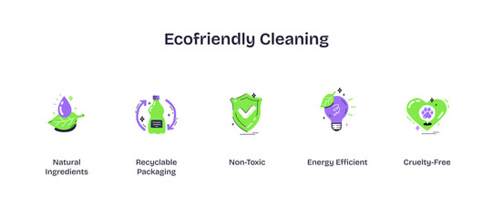 Ecofriendly cleaning icons show natural ingredients, recyclable packaging, and non-toxic symbols, transparent background. Playful style icons