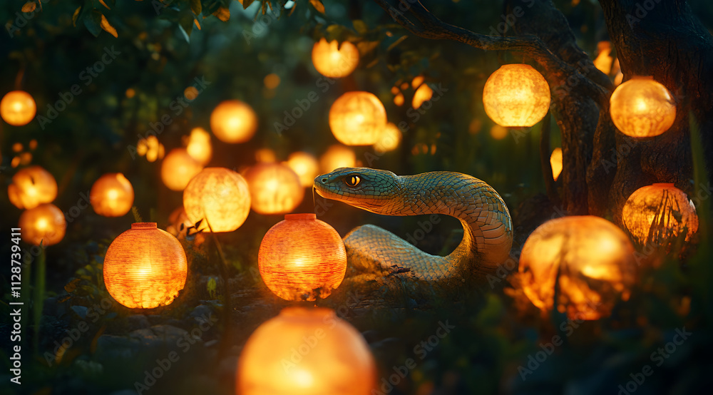 Poster a serene scene featuring a snake among glowing lanterns in a mystical forest, creating an enchanting