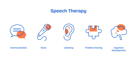 Speech therapy icons depict communication, listening, and cognitive development, transparent background.