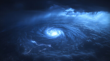 Fototapeta premium A monstrous tornado surrounded by lightning strikes captured from an airplane at night.