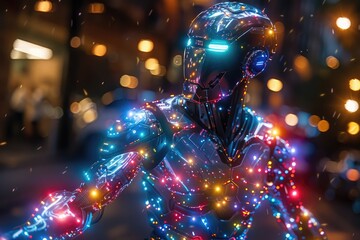 Illuminated Robot Stands in City Night Lights