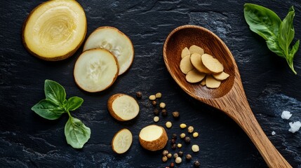 Wooden spoon and ingredients on dark background Vegetarian food health or cooking concept