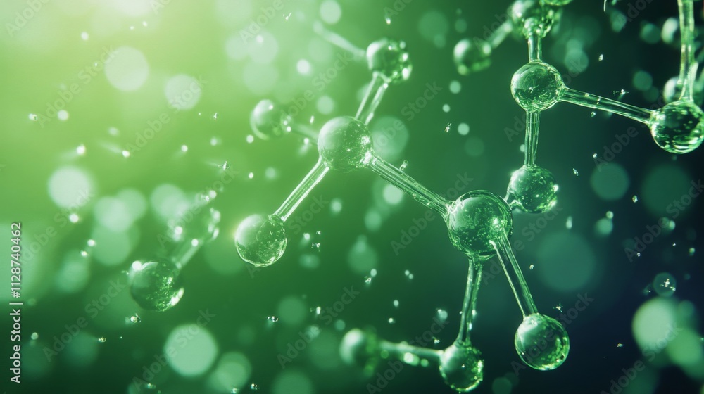 Poster abstract green molecular structure with bokeh background