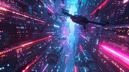 A futuristic city with neon lights and a spaceship flying overhead.