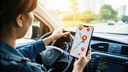 Woman using a smartphone for GPS navigation while driving, showing route and location markers.