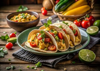 Captivating Low Light Photography of Breakfast Tacos with Scrambled Eggs on a Plate, Perfect for Text Overlay and Design Use