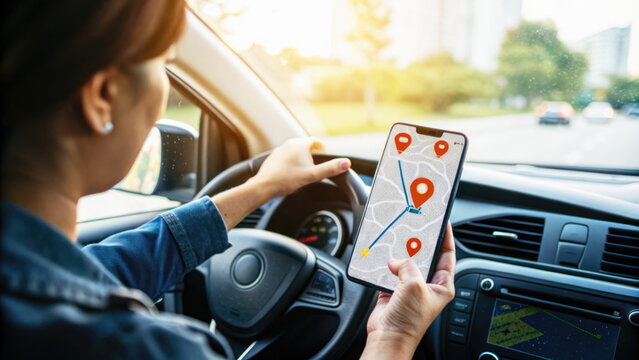 Woman using a smartphone for GPS navigation while driving, showing route and location markers.