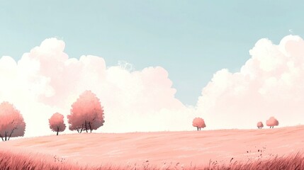 Peaceful Pink Landscape With Scattered Trees and Clouds