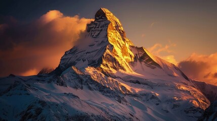 High-end photography of a snowy mountain peak bathed in the golden light of the setting sun