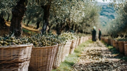 Obraz premium Olive Harvest: A sun-drenched olive grove in Greece, filled with wicker baskets brimming with freshly picked olives, ready for processing into delicious olive oil.