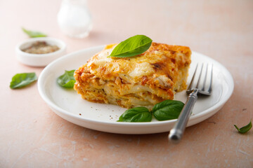 Homemade meatless lasagna with basil