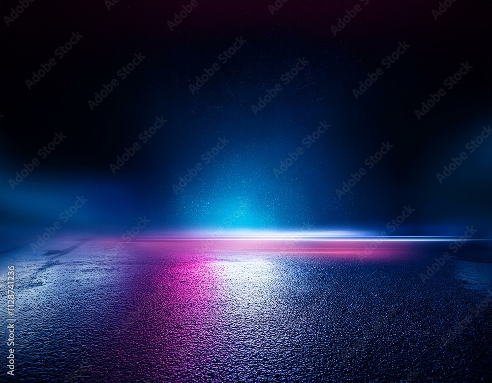 Poster a stage illuminated with vibrant purple and blue lights, creating a dynamic and energetic atmosphere