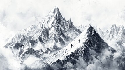 Obraz premium Mountain success through adventure, steady progress upward, climbers navigating difficult paths, overcoming challenges, the summit as a symbol of achievement and the thrilling adventure of reaching