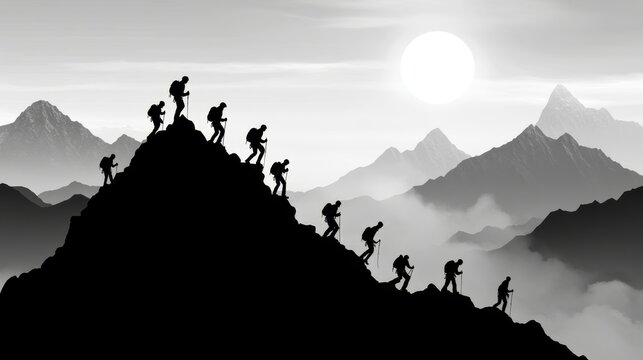 Climbers resiliently ascending to the mountain summit, the peak symbolizing ultimate success, breathtaking views, perseverance and strength, overcoming adversity, each step marking growth and triumph
