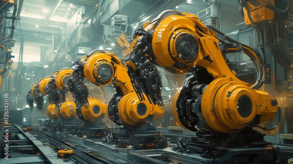 Poster row of industrial robots in a futuristic factory