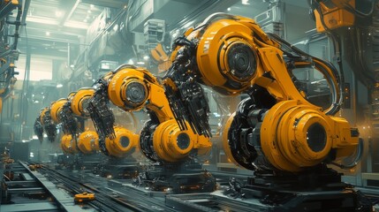 Obraz premium Row of Industrial Robots in a Futuristic Factory