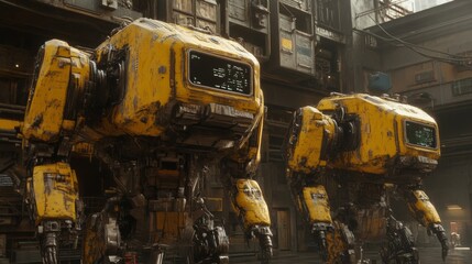 Two Worn Yellow Robots Stand in a Futuristic Cityscape
