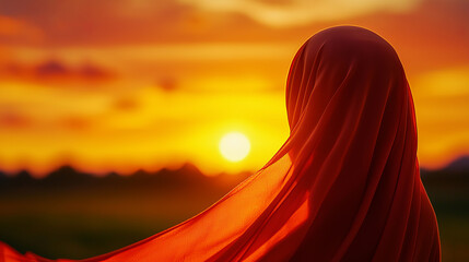 woman in flowing red veil gazes at vibrant sunrise, evoking serenity and hope