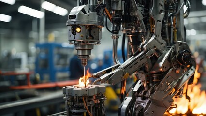 Fototapeta premium A close-up view of a modern automated assemly line featuring multiple robotic arms engaged in precise tasks.