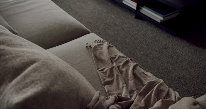 A modern living room featuring a soft grey sofa with a thrown blanket, generating a feeling of minimalistic comfort and subtlety. Stylish Modern Living Room with Comfortable Grey Sofa and Throw