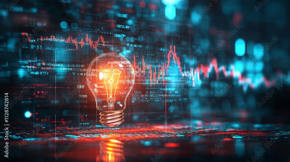 Poster illuminated lightbulb against a digital data background