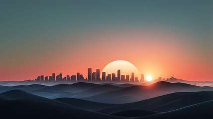 A sunset beautiful skyline merging organic landscapes with modern overlays background design.