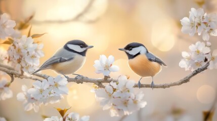 Fototapeta premium A dream-like image capturing two Chickadee and Nuthatch birds among blossoming cherry branches bathed in soft golden light