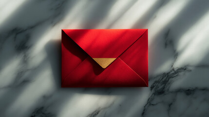 Bright red envelope on a marble surface casts shadows in soft light, symbolizing messages and connections