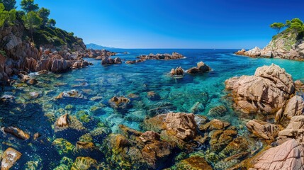 High-end photography of a serene coastal landscape with rocky shores and a clear blue sea
