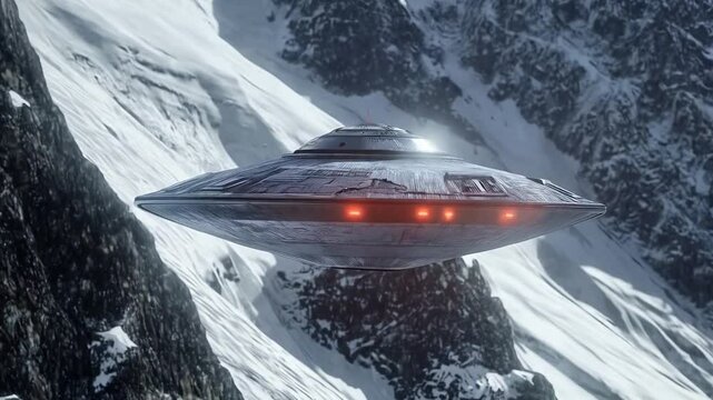 Hovering Alien Ship with Metallic Finish Over Winter Mountains